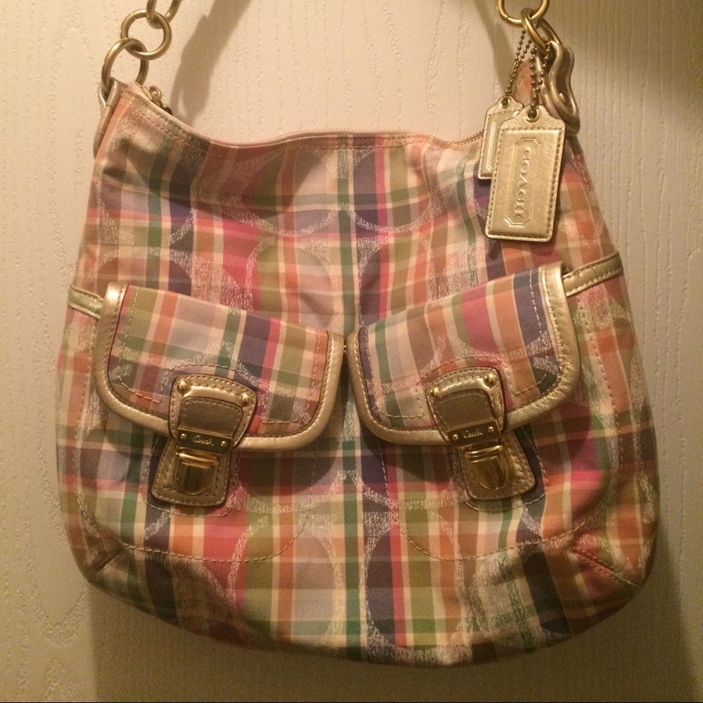 NWOT huge coach plaid hobo tote